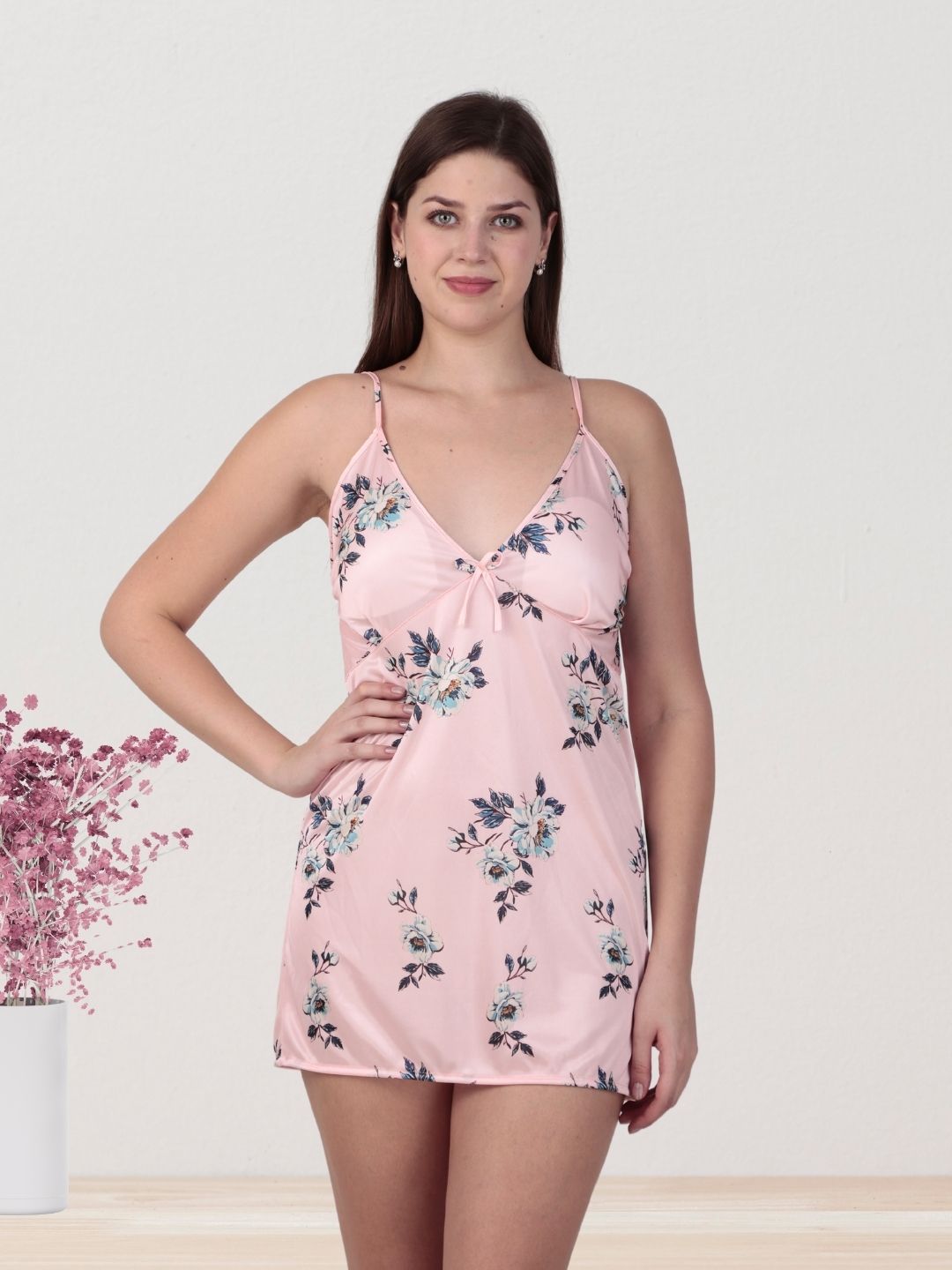 Pink Floral Nighty with Robe & Inner – Stylish Nightwear Set