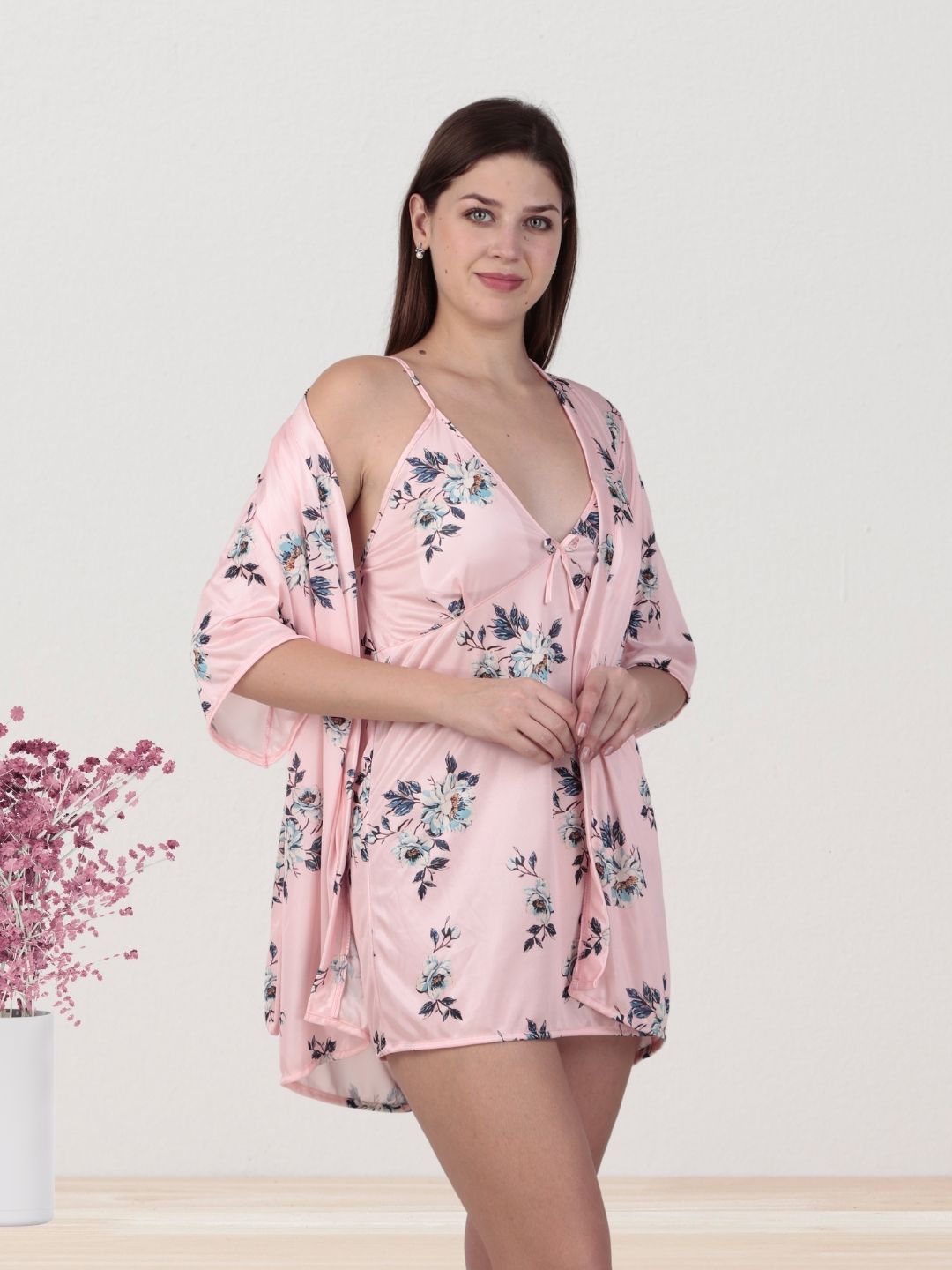 Pink Floral Nighty with Robe & Inner – Stylish Nightwear Set