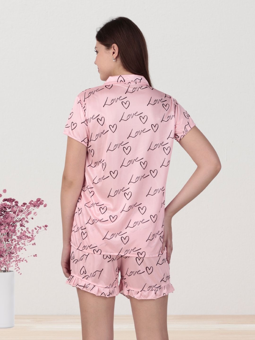 Love Notes Satin Night Suit – Pink with Hearts & Script