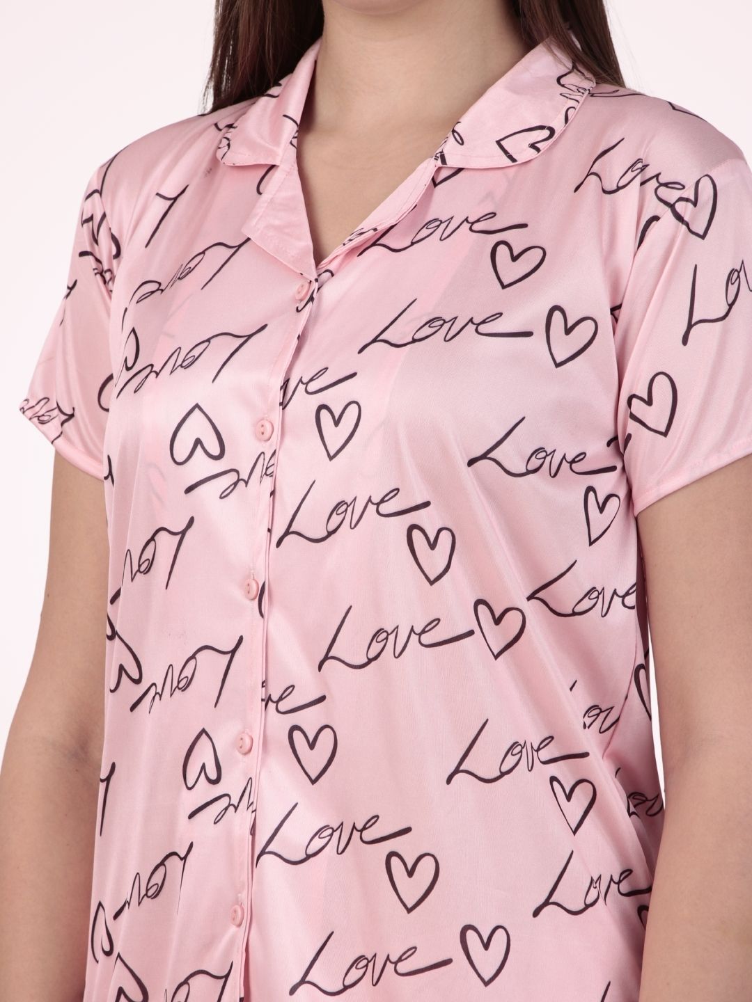 Love Notes Satin Night Suit – Pink with Hearts & Script