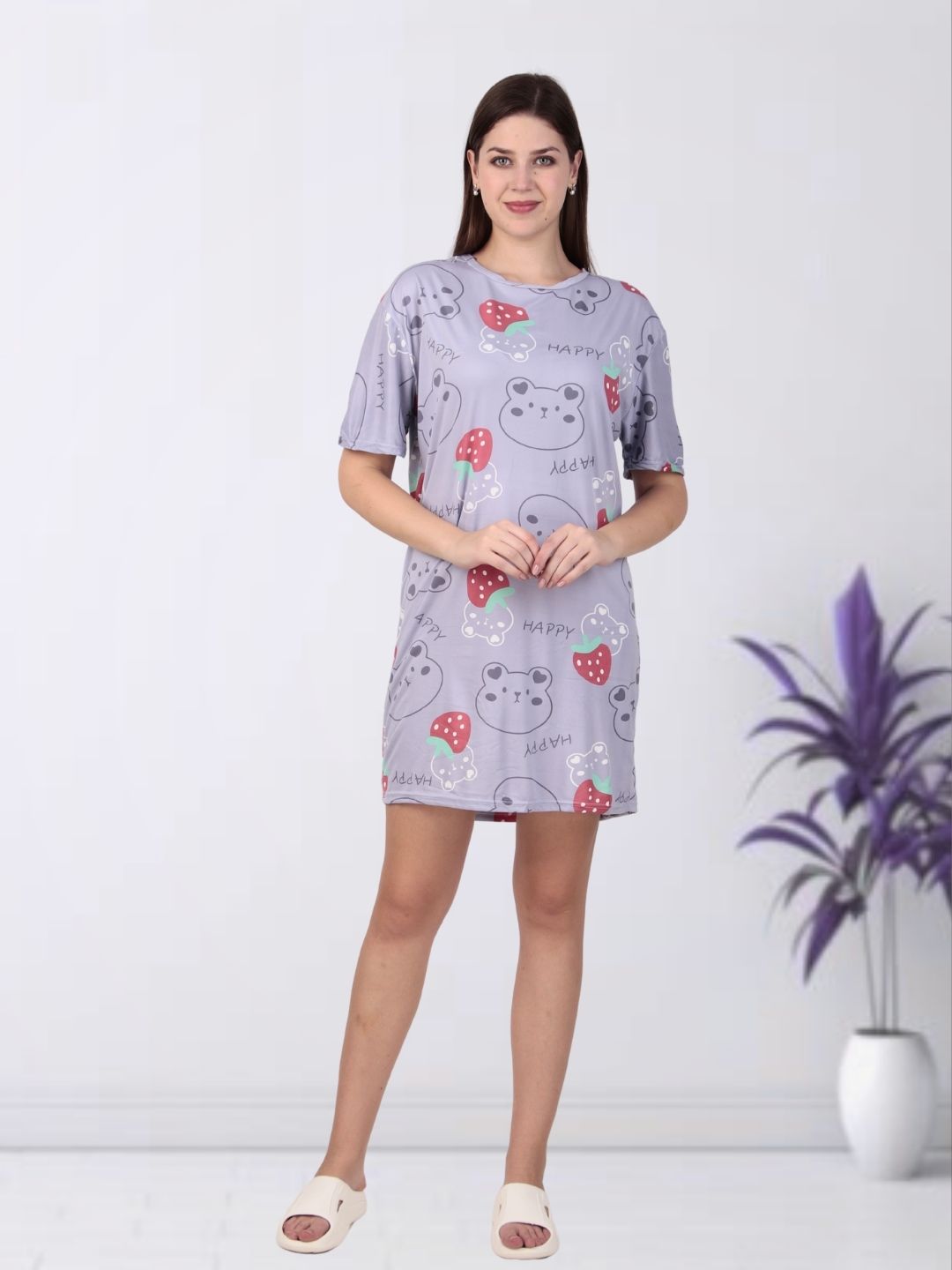 Purple Teddy Print Tshirt Dress