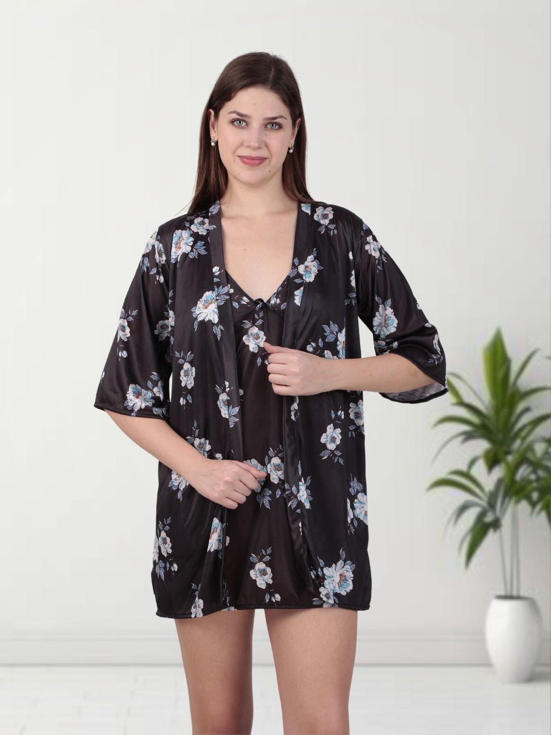 Black Floral Nighty Set