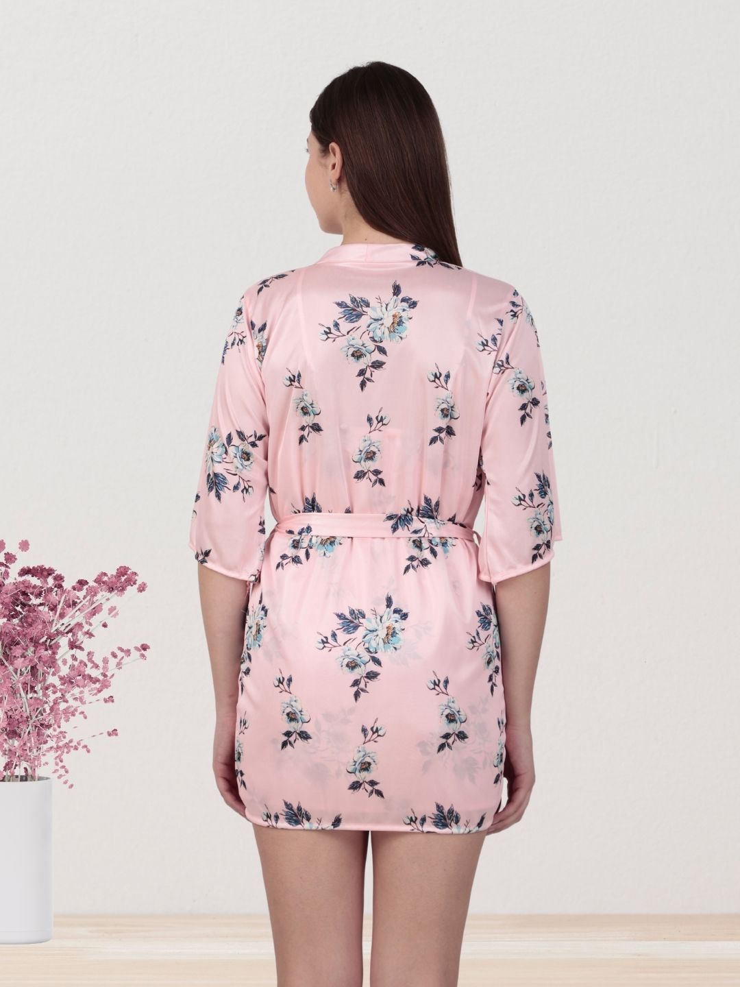 Pink Floral Nighty with Robe & Inner – Stylish Nightwear Set