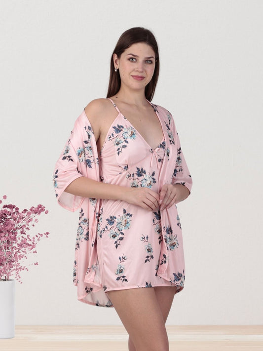 Pink Floral Nighty with Robe & Inner – Stylish Nightwear Set