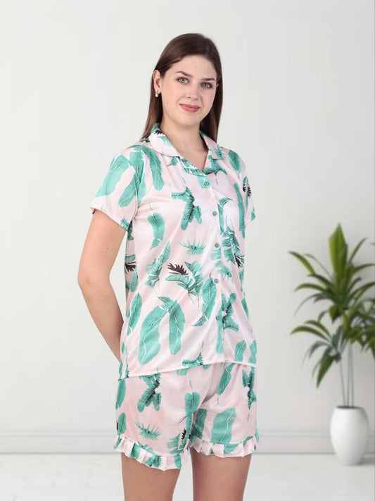 Botanic Bliss Satin Night Suit – White with Green Leaves