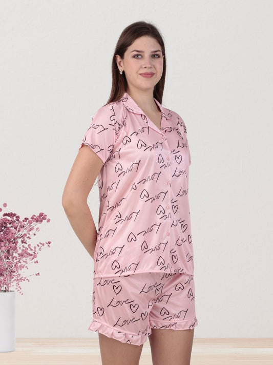 Love Notes Satin Night Suit – Pink with Hearts & Script