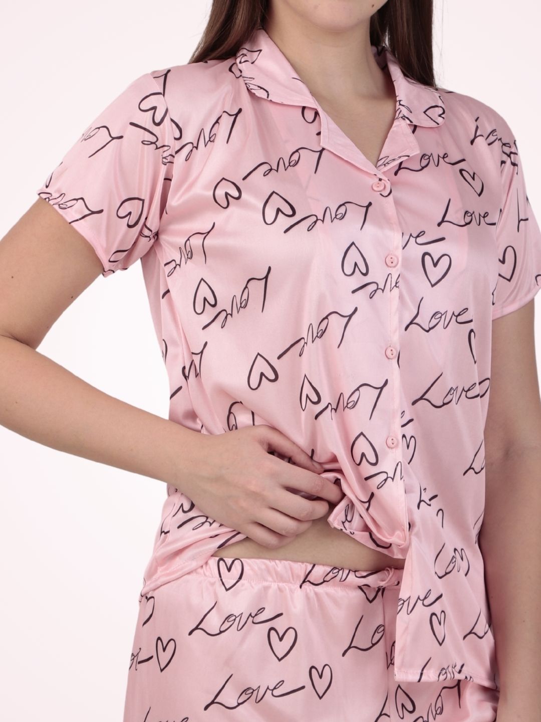 Love Notes Satin Night Suit – Pink with Hearts & Script