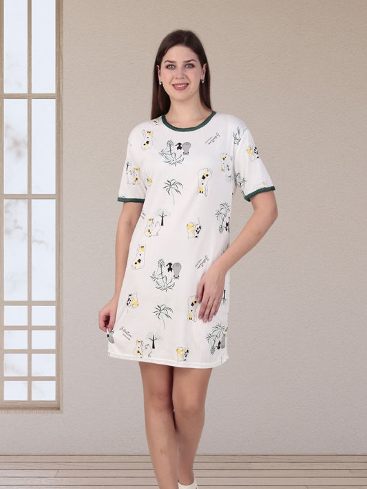 White Cat Print with Green Accents Tshirt Dress