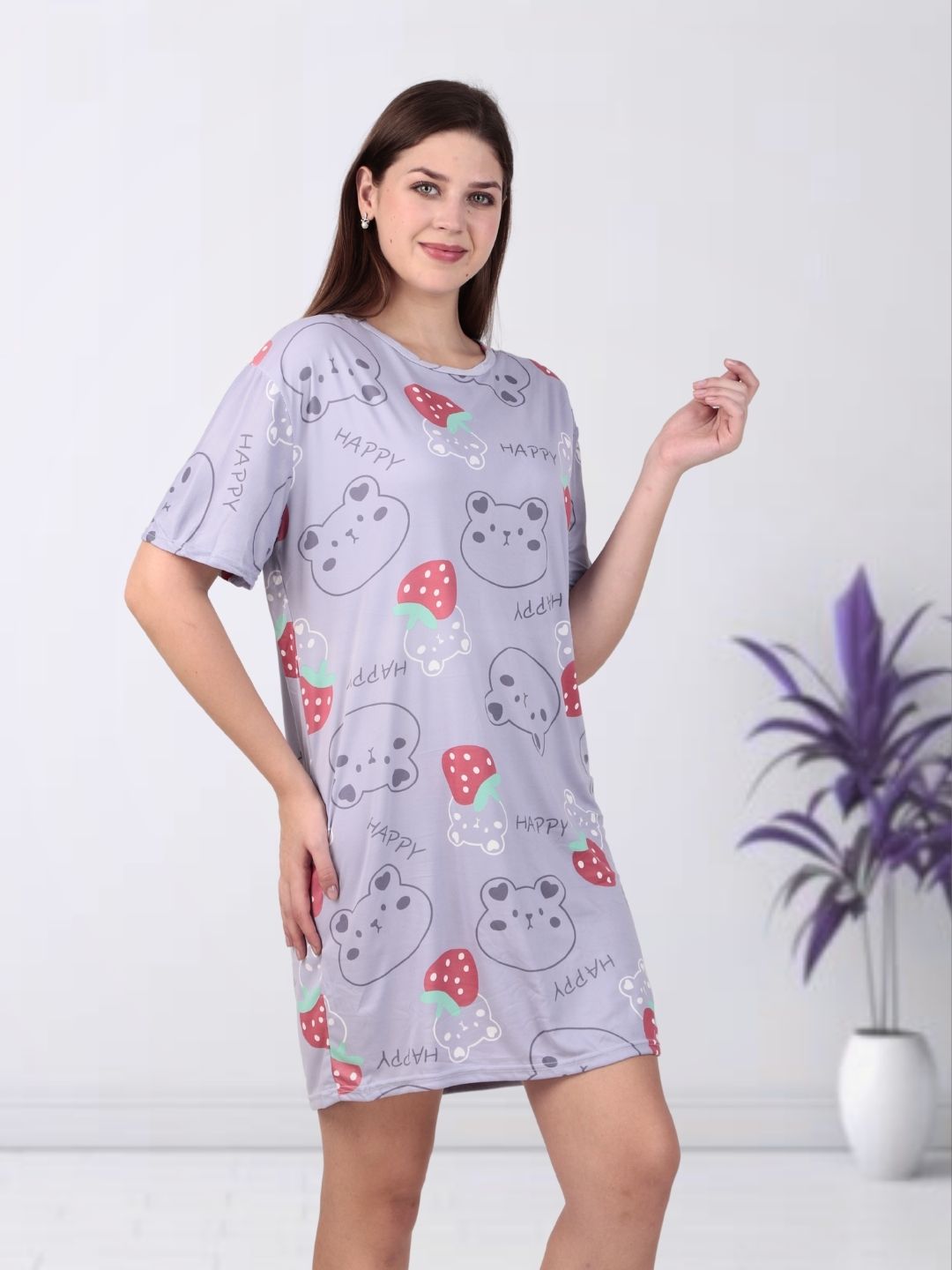 Purple Teddy Print Tshirt Dress
